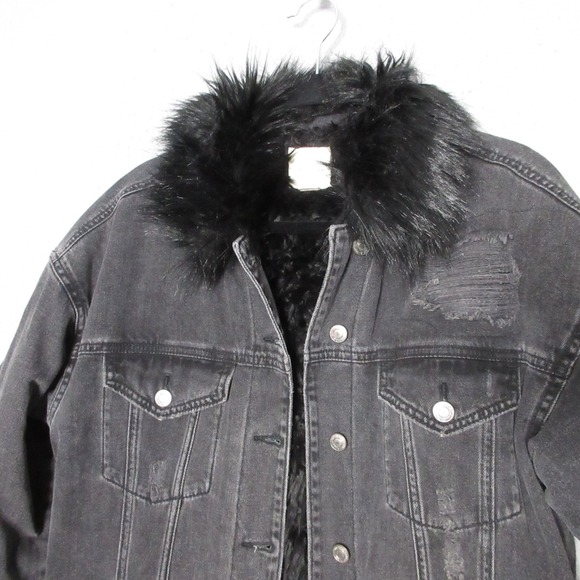 American Eagle Jean Jacket Medium Black Faux Fur Grunge‎ Punk Fade Distressed - Picture 3 of 8